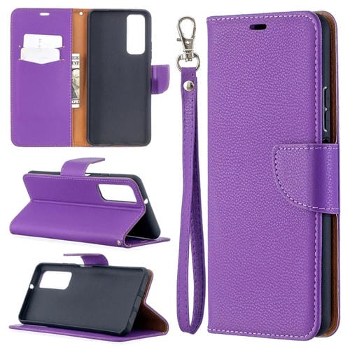 Para Huawei P Smart 2021 / Y7A Litchi Texture Color Pure Horizontal Flip PU Funda de cuero con soporte y tragamonedas de tarjetas y billetera y cordón (púrpura)