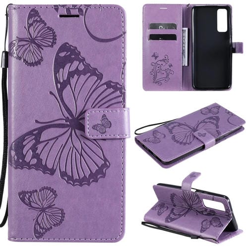 Para Huawei P Smart 2021 3D Butterflies Patrón de estampado de estampado horizontal Flip Funda con soporte y ranura para tarjeta y billetera (púrpura)
