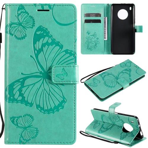 Para Huawei Y9a Patrón de estampado de mariposas 3D Funda de cuero con tapa horizontal con soporte, ranura para tarjeta y billetera (verde)