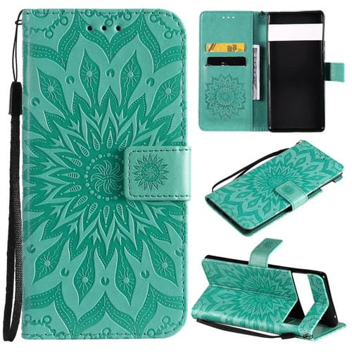 Para Google Pixel 6 Sun Pattern Horizontal Flip Funda de cuero con ranura para tarjeta y soporte y billetera y cordón (verde)
