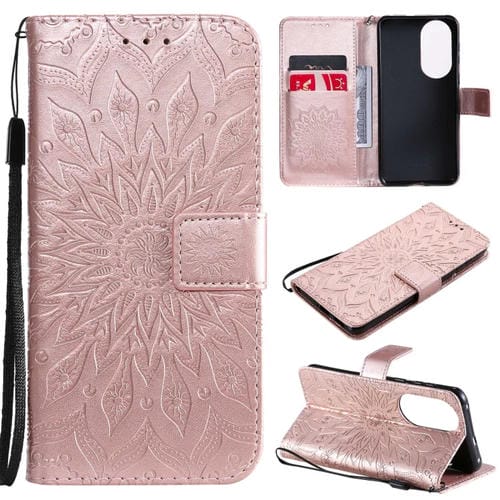 Para Huawei P50 Sun Pattern Horizontal Flip Funda de cuero con la ranura para la tarjeta y el soporte y la cartera y el cordón (oro rosa)