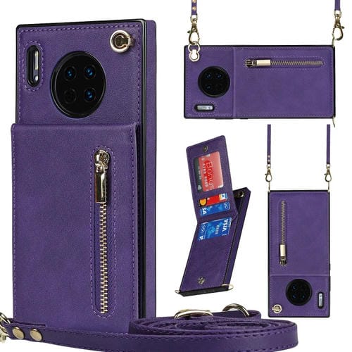 Para Huawei Mate 30 Pro Cross-Body Zipper Square TPU + PU Funda posterior de la PU con soporte y ranuras para tarjetas y billetera y correa (púrpura)