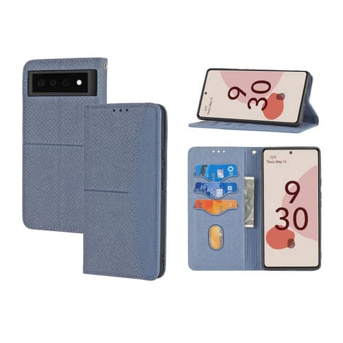 Para Google Pixel 6 Textura tejida Costura magnética Horizontal Flip PU Funda de cuero con soporte y ranuras para tarjetas y cordones y cordones (gris)