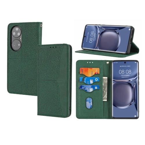Para Huawei P50 Pro Textura Textura Textura Magnética Funda de cuero Horizontal Flip PU con soporte y ranuras para tarjetas y Billetera y cordón (verde)