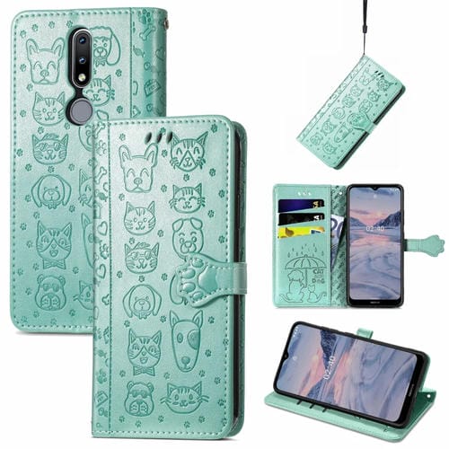 Funda Cuero Horizontal para Nokia 2.4 con Patrón Gato y Perro, Soporte, Tragamonedas y Cordón (Verde)