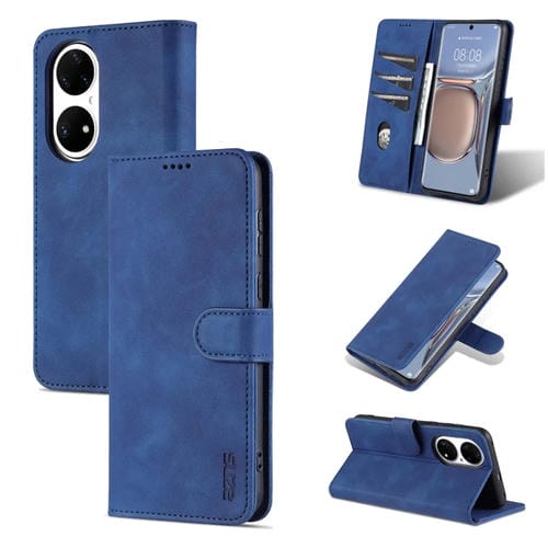 Para Huawei P50 Pro Azns Siente la piel de la piel de la piel de la piel de la piel de la piel de la piel con las ranuras y el soporte para las tarjetas y la cartera (azul)