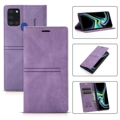 Funda para Samsung Galaxy A21S Flip Pu Cuero Magnético Soporte Ranura Tarjeta Billetera (Púrpura)