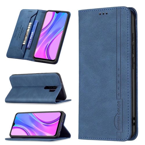 Para Xiaomi Redmi 9 Bloqueo de RFID Magnetic Blocking Funda de cuero antirrobo con soporte y ranuras para tarjetas y billetera (azul)