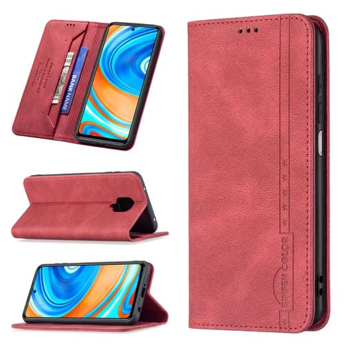 Para Xiaomi Redmi Note 9 Pro Max / Note 9 PRO / Note 9S Funda de cuero antirrobo de bloqueo RFID magnético con soporte y ranuras para tarjetas (rojo)