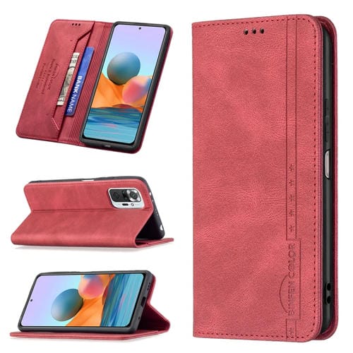 Para Xiaomi Redmi Note 10 Pro / Note 10 Pro Max Magnetic RFID Bloqueo de RFID Funda de cuero antirrobo con soporte y ranuras para tarjeta y billetera (rojo)