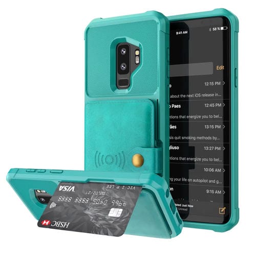 Para Samsung Galaxy S9 + Magnético Bolsa de Tarjeta Teléfono de cuero Funda telefónica (Cian)