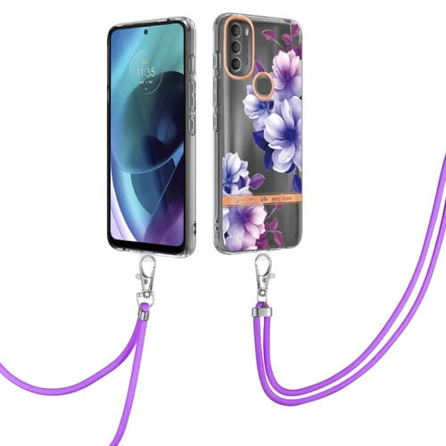 Para la caja de teléfono TPU de la serie 5G Flowers Motorola G71 G71 con Lanyard (Purple Begonia)
