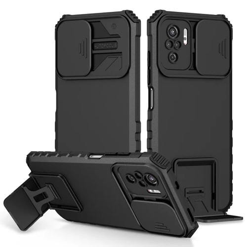 Para Xiaomi Redmi Note 10 4G Soporte estereoscópico Deslizante Camshield Phone Case (Negro)