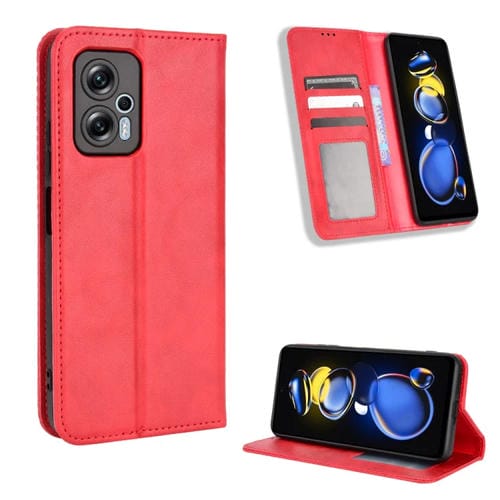 Para Xiaomi Redmi Note 11T Pro 5G Hebilla magnética Textura retro Funda de cuero para teléfono (Rojo)