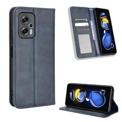 Para Xiaomi Redmi Note 11T Pro 5G Hebilla magnética Textura retro Funda de cuero para teléfono (Azul)