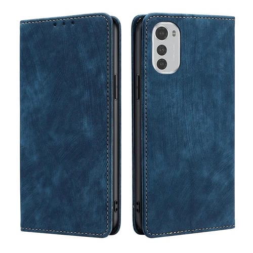 Funda de Cuero Magnética para Motorola Moto E32 4G con RFID y Cepillo Antirrobo (Azul)