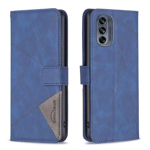Para Motorola Moto G62 Hebilla magnética Rombo Textura Funda de cuero para teléfono (Azul)