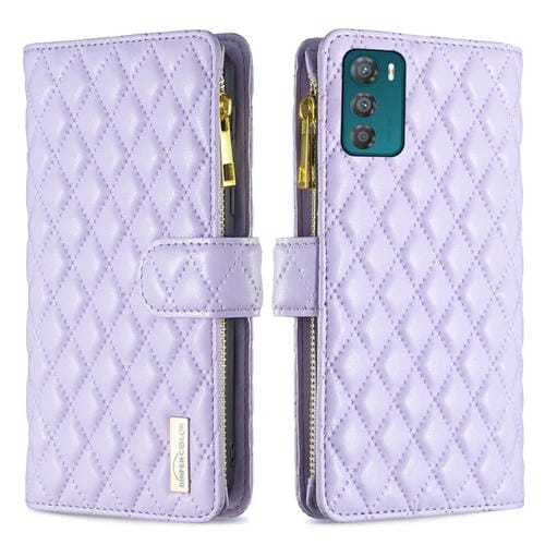 Para Motorola Moto G42 4G Diamond Lattice Zipper Wallet Funda de cuero con tapa para teléfono (Púrpura)