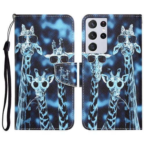 Para Samsung Galaxy S21 Ultra 5G Estuche para teléfono de cuero con dibujo coloreado (jirafas)