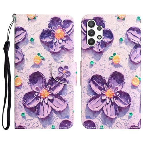 Para Samsung Galaxy A13 4G Caja de teléfono de cuero con dibujo coloreado (Flor púrpura)