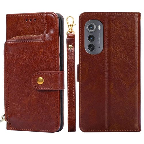 Funda de Cuero con Tapa y Cremallera para Motorola Edge 2022 (Marrón)