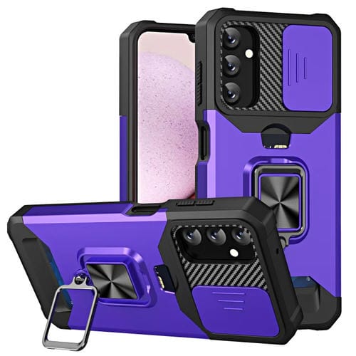 Estuche Deslizante Samsung Galaxy A14 5G Camshield con Soporte y Ranura para Tarjeta (Púrpura)