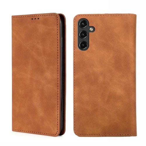 Funda para Samsung Galaxy A14 5G Skin Feel Flip Horizontal Magnética de Cuero (Marrón Claro)