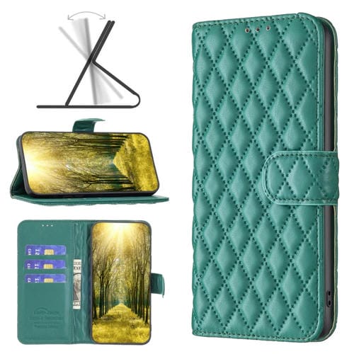 Para Google Pixel 7a Diamond Lattice Wallet Funda de cuero con tapa para teléfono (verde)