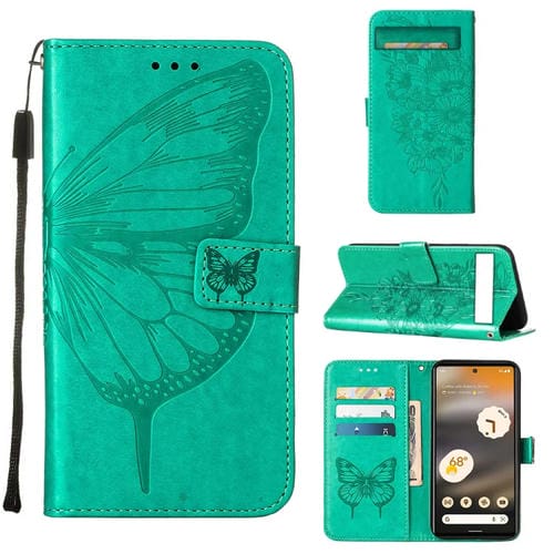 Funda de Cuero para Google Pixel 7A con Tapa de Mariposa en Relieve (Verde)