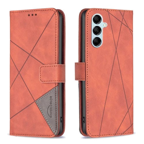 Para Samsung Galaxy M14 5G Hebilla magnética Rombo Textura Funda de cuero para teléfono (Marrón)