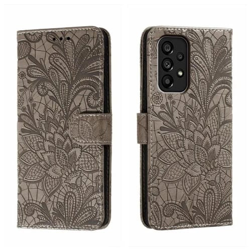 Para Samsung Galaxy A54 5G Lace Flower Relieve Flip Funda de cuero para teléfono (Gris)