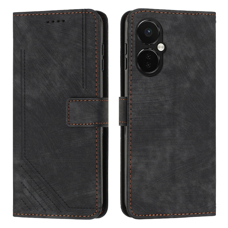 Funda de Cuero para OnePlus Nord Ce 3 con Cordón y Skin Feel Stripe Pattern (Negro)