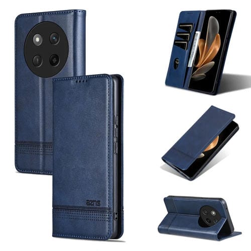Funda de Cuero Azns con Tapa Magnética y Textura de Piel de Becerro para Honor X60 Pro (Azul Oscuro)