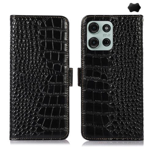 Funda para Teléfono Motorola Moto G75 5G con Capa Superior de Piel de Vaca y Cocodrilo (Negra)