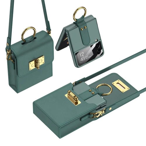 Mini Mochila Bolsa de Teléfono Gkk + Funda con Anillo para Samsung Galaxy Z Flip4 5G (Verde Bosque)