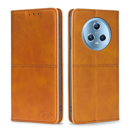 Funda de Cuero para Honor Magic5 con Tapa Horizontal Magnética y Textura de Vaca (Marrón Claro)