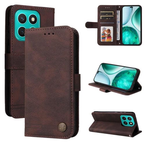 Funda de Cuero con Botones Metálicos y Diseño Árbol de la Vida para Honor X8C 4G (Marrón)