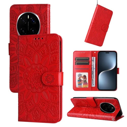 Funda de Cuero Honor Magic7 Pro Estampado Girasoles en Relieve (Rojo)