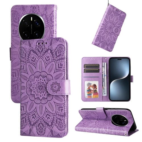 Funda de Cuero para Honor Magic7 Pro con Estampado de Girasoles en Relieve (Morado)