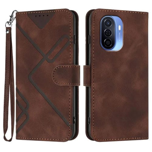 Funda de Cuero para Huawei Enjoy 50 y Nova Y70 con Diseño de Líneas y Tacto Suave (Café)