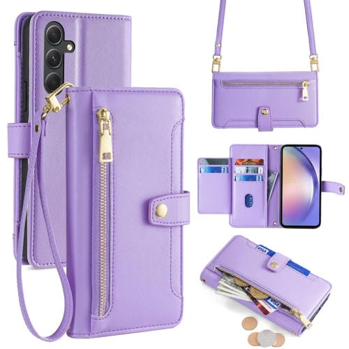 Funda para Samsung Galaxy A54 5G Cuero con Billetera Cremallera y Cuerpo Cruzado (Púrpura)