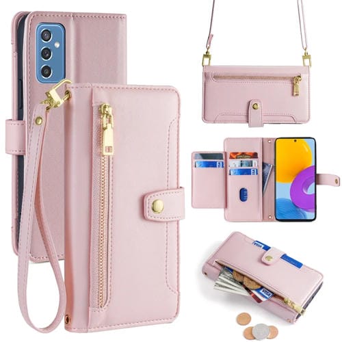 Funda para Teléfono Samsung Galaxy M52 5G Cuero Billetera Cremallera Cuerpo Cruzado Textura Oveja (Rosa)