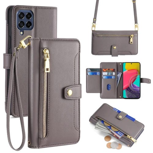Funda para Samsung Galaxy M53 5G Cuero con Billetera y Cremallera Cuerpo Cruzado Textura Oveja (Gris)