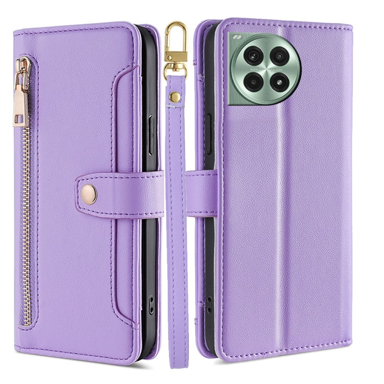 Funda Cuero Tipo Billetera OnePlus Ace 3 Pro 5G con Cremallera y Textura Oveja (Morado)