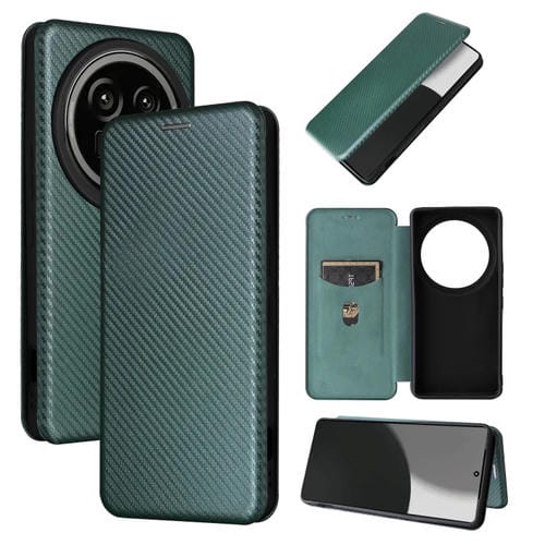 Funda de Cuero con Tapa y Textura de Fibra de Carbono para Sharp Aquos R9 Pro (Verde)