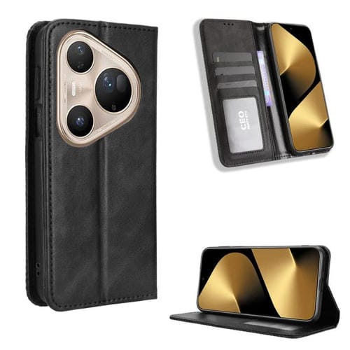 Funda de cuero con textura retro y hebilla magnética para Huawei Pura 80 Ultra 5G (negra)