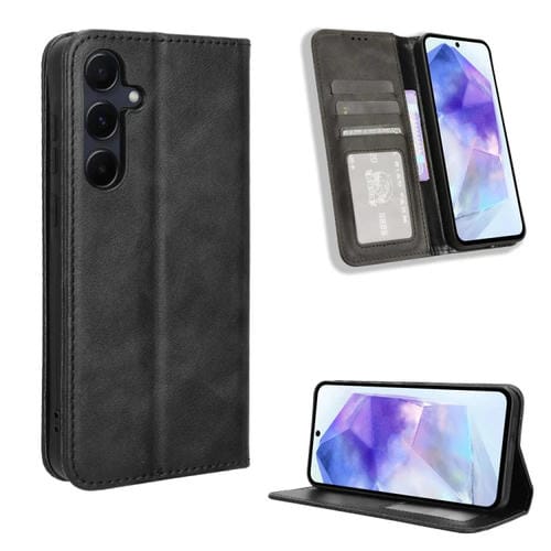 Funda para Teléfono Samsung Galaxy A55 5G Cuero Textura Retro Hebilla Magnética (Negro)