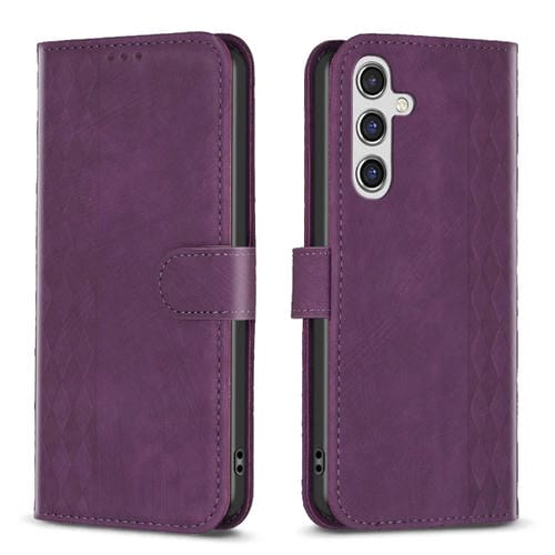 Funda de Cuero Samsung Galaxy A55 con Relieve a Cuadros (Púrpura)