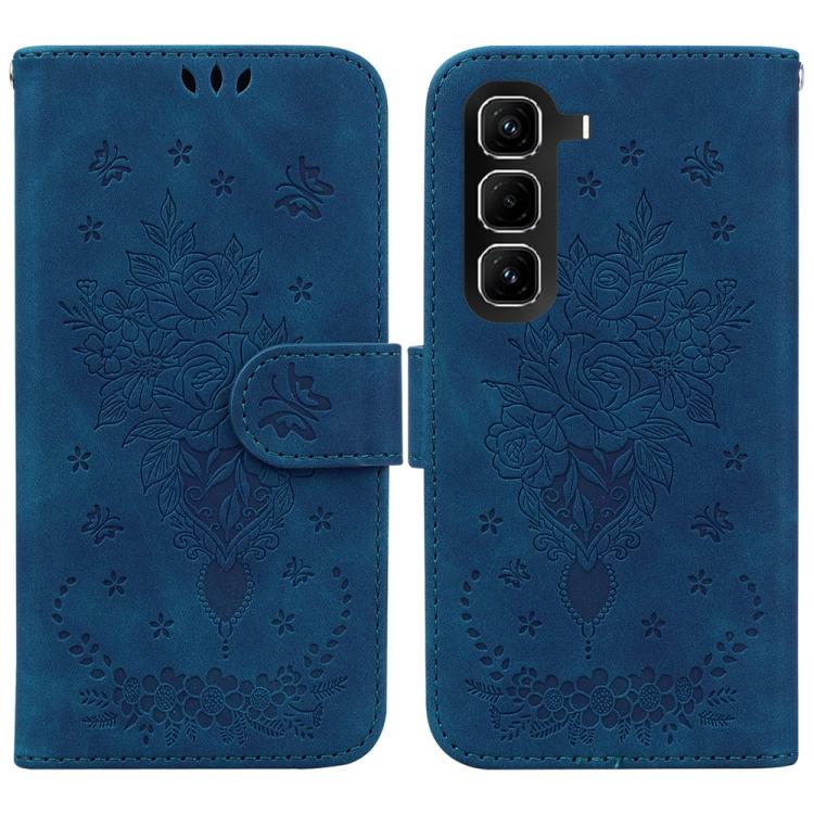 Funda de cuero con relieve de mariposa y rosa para Infinix Hot 50 Pro 4G (azul)