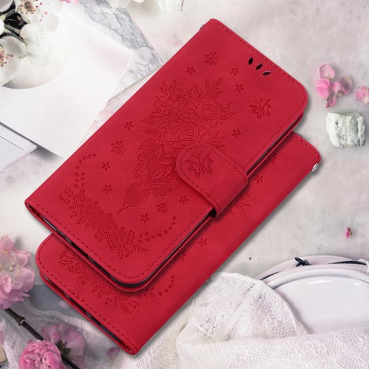 Funda de cuero con relieve de mariposa y rosa para Infinix Note 50 Pro+ (roja)
